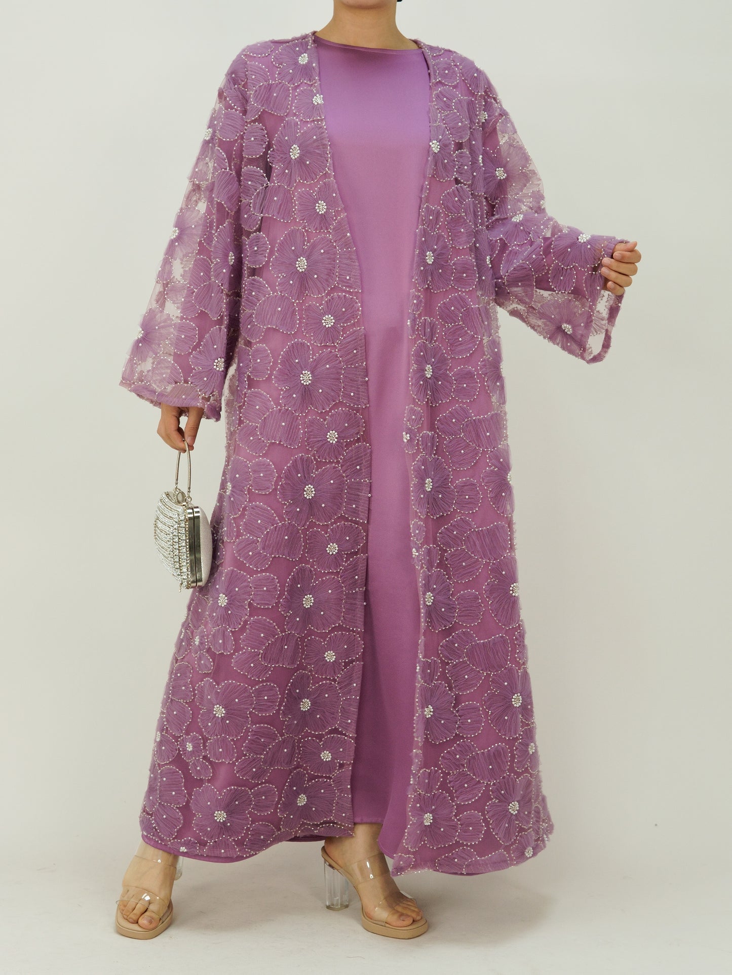 MSL881 Women 2 Pieces Set Open Abaya Mesh Flower Bead Embroidered Coat and Dress(Open Abaya+Inner Dress)