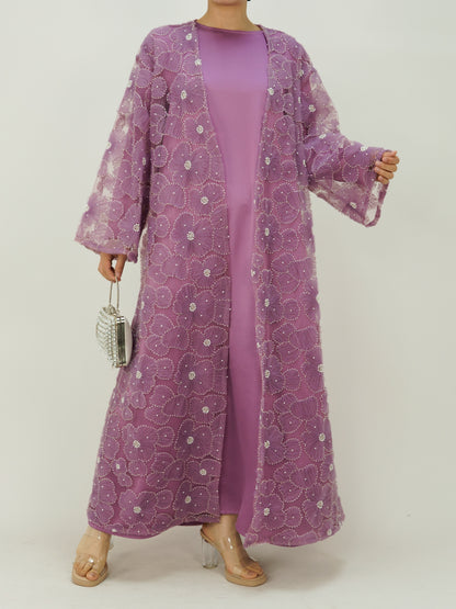 MSL881 Women 2 Pieces Set Open Abaya Mesh Flower Bead Embroidered Coat and Dress(Open Abaya+Inner Dress)
