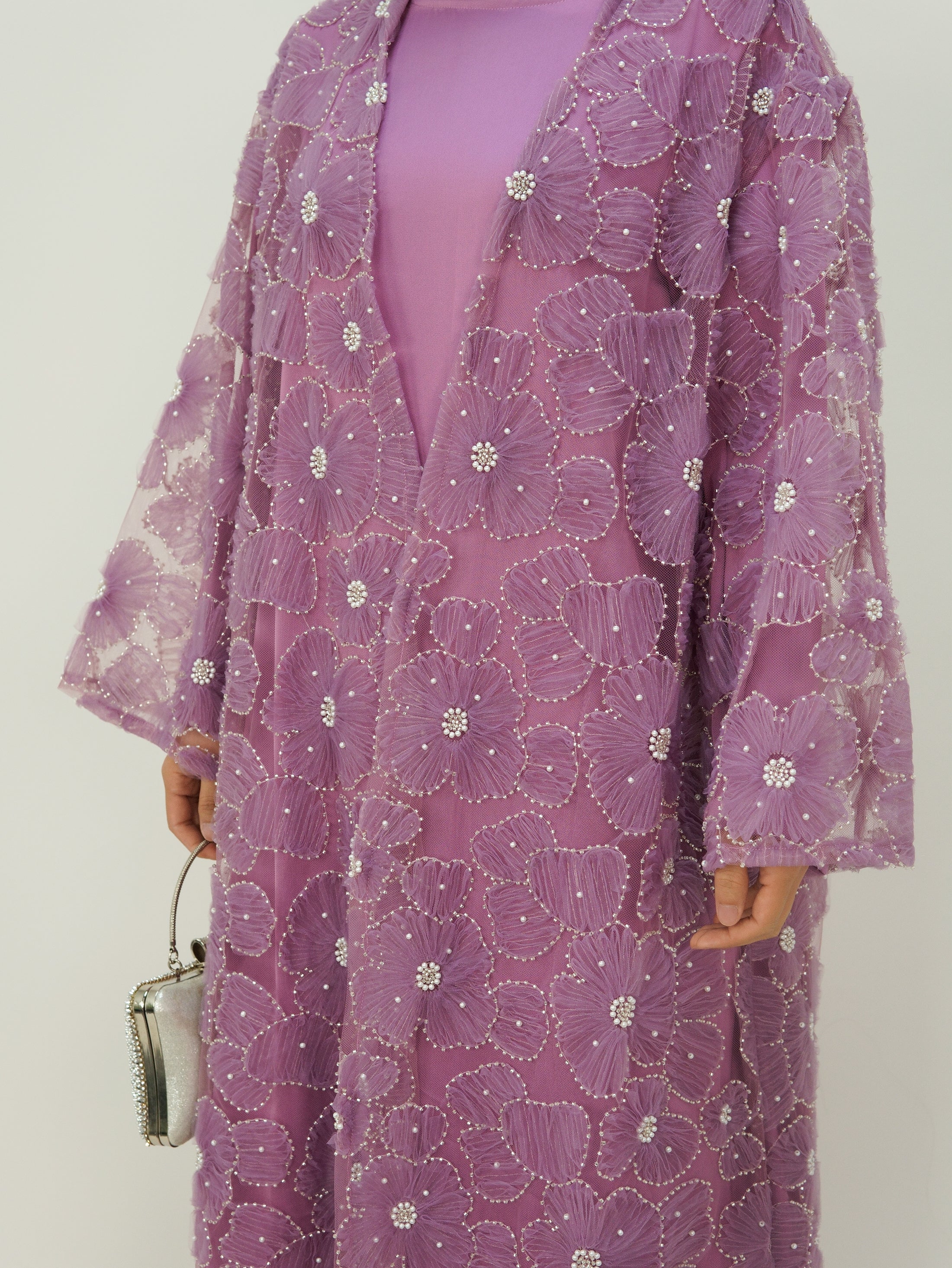 MSL881 Women 2 Pieces Set Open Abaya Mesh Flower Bead Embroidered