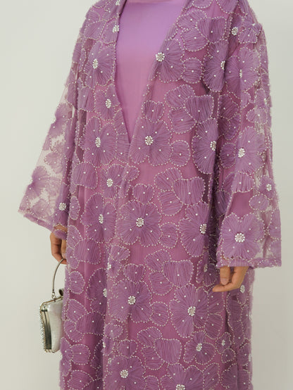 MSL881 Women 2 Pieces Set Open Abaya Mesh Flower Bead Embroidered Coat and Dress(Open Abaya+Inner Dress)