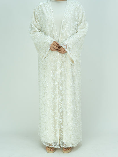 MK2666 Womens Double-layered Elegant Style Luxurious Beaded Sequined Flower Open Abaya