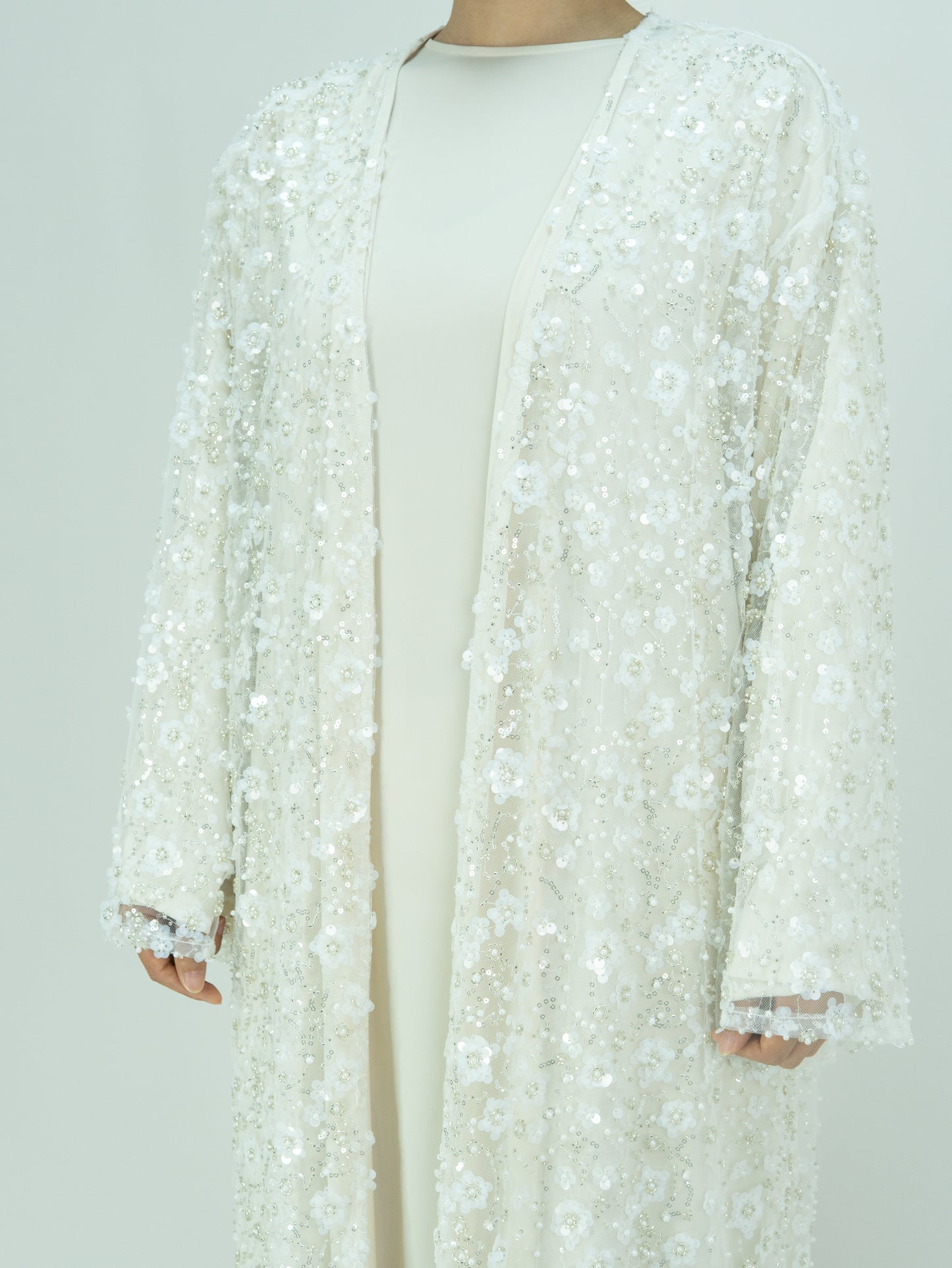 MK2666 Womens Double-layered Elegant Style Luxurious Beaded Sequined Flower Open Abaya