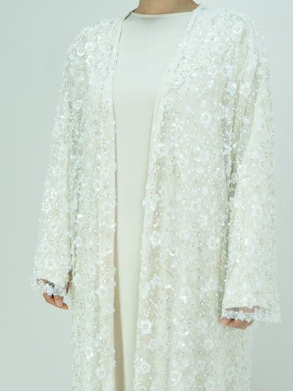 MK2666 Womens Double-layered Elegant Style Luxurious Beaded Sequined Flower Open Abaya