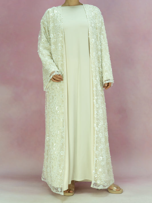 MK2666 Womens Double-layered Elegant Style Luxurious Beaded Sequined Flower Open Abaya