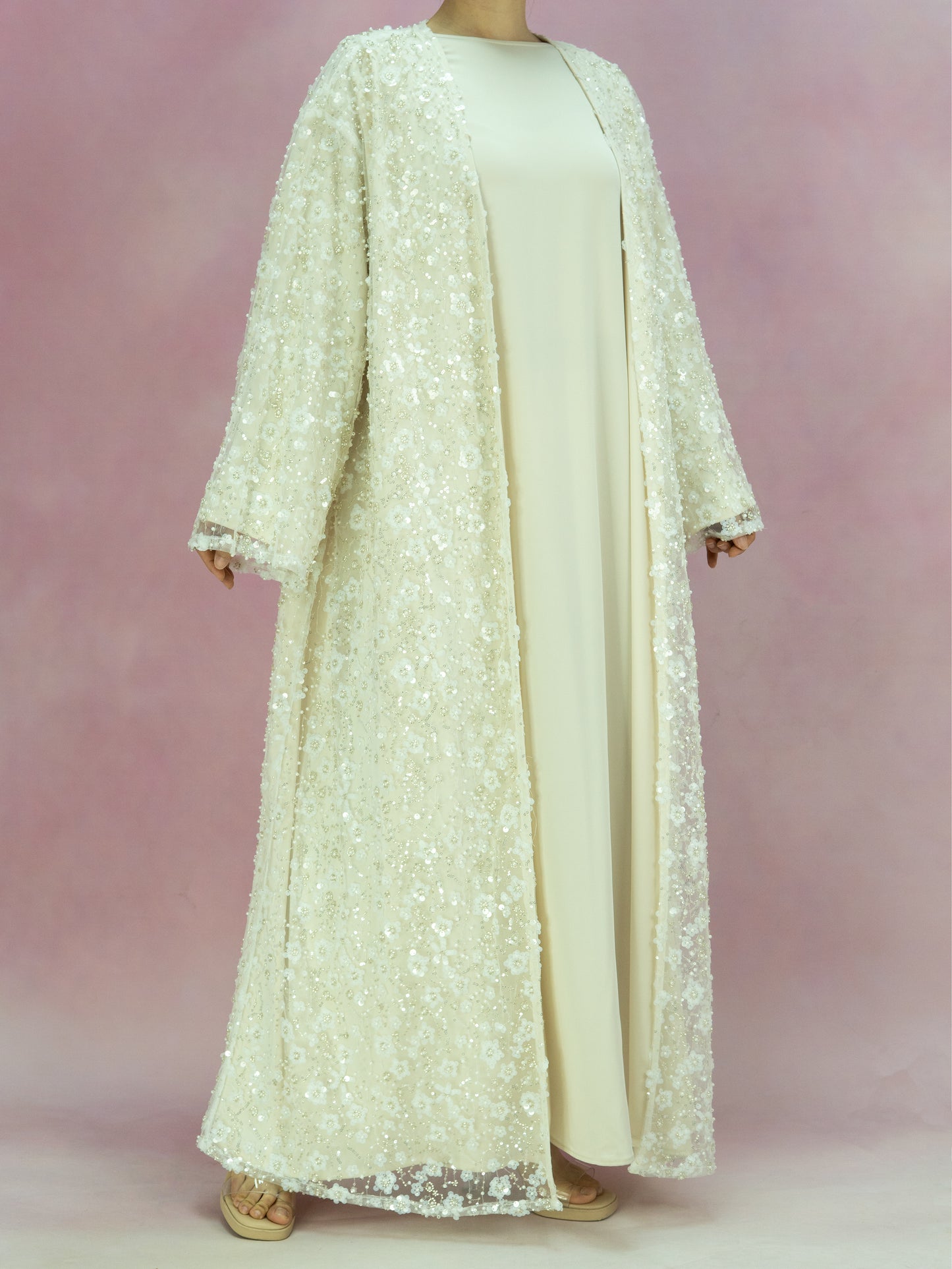 MK2666 Womens Double-layered Elegant Style Luxurious Beaded Sequined Flower Open Abaya