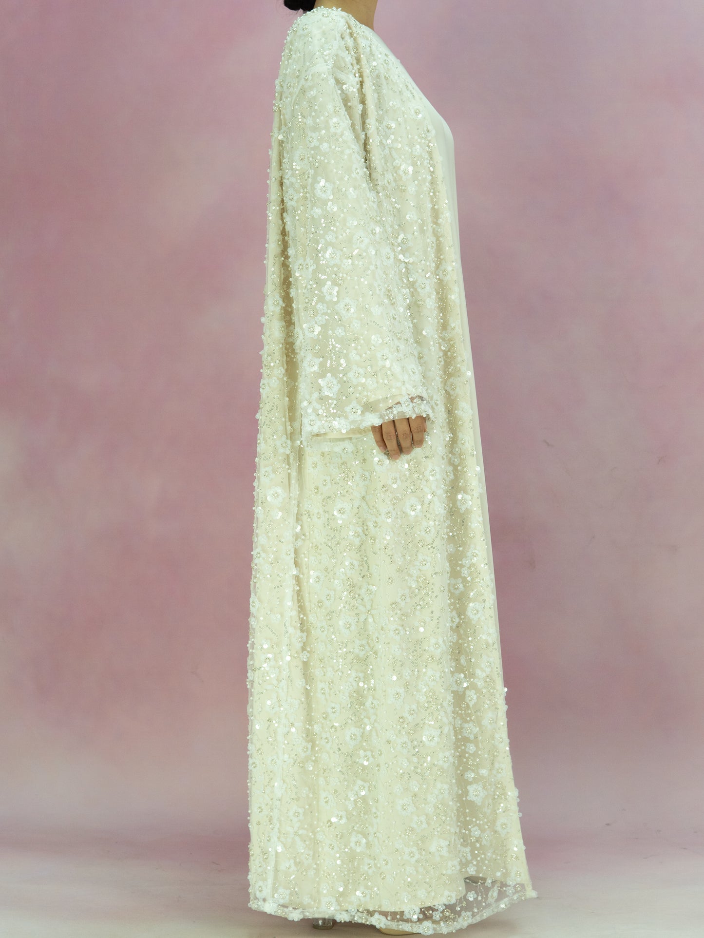 MK2666 Womens Double-layered Elegant Style Luxurious Beaded Sequined Flower Open Abaya