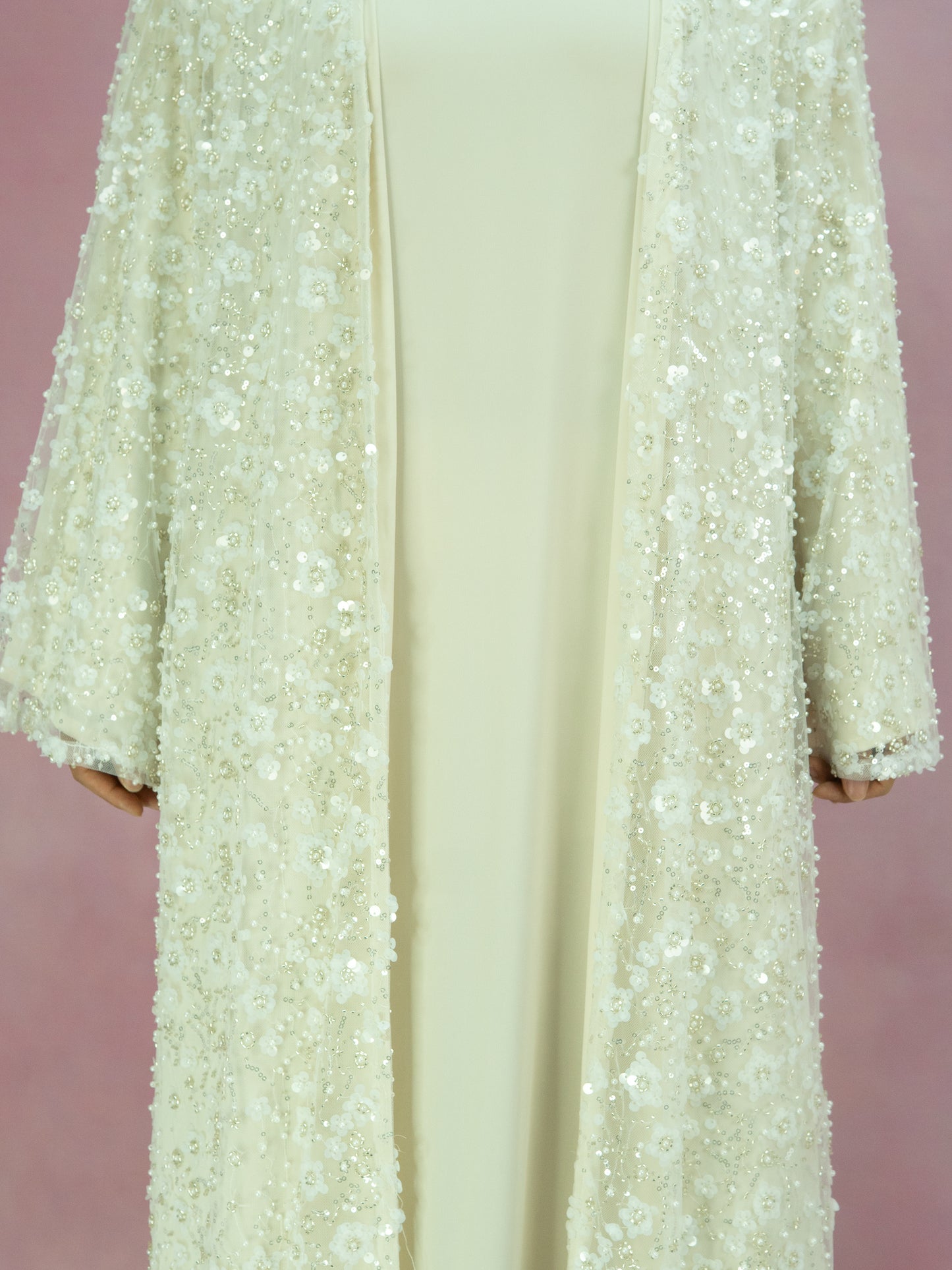 MK2666 Womens Double-layered Elegant Style Luxurious Beaded Sequined Flower Open Abaya
