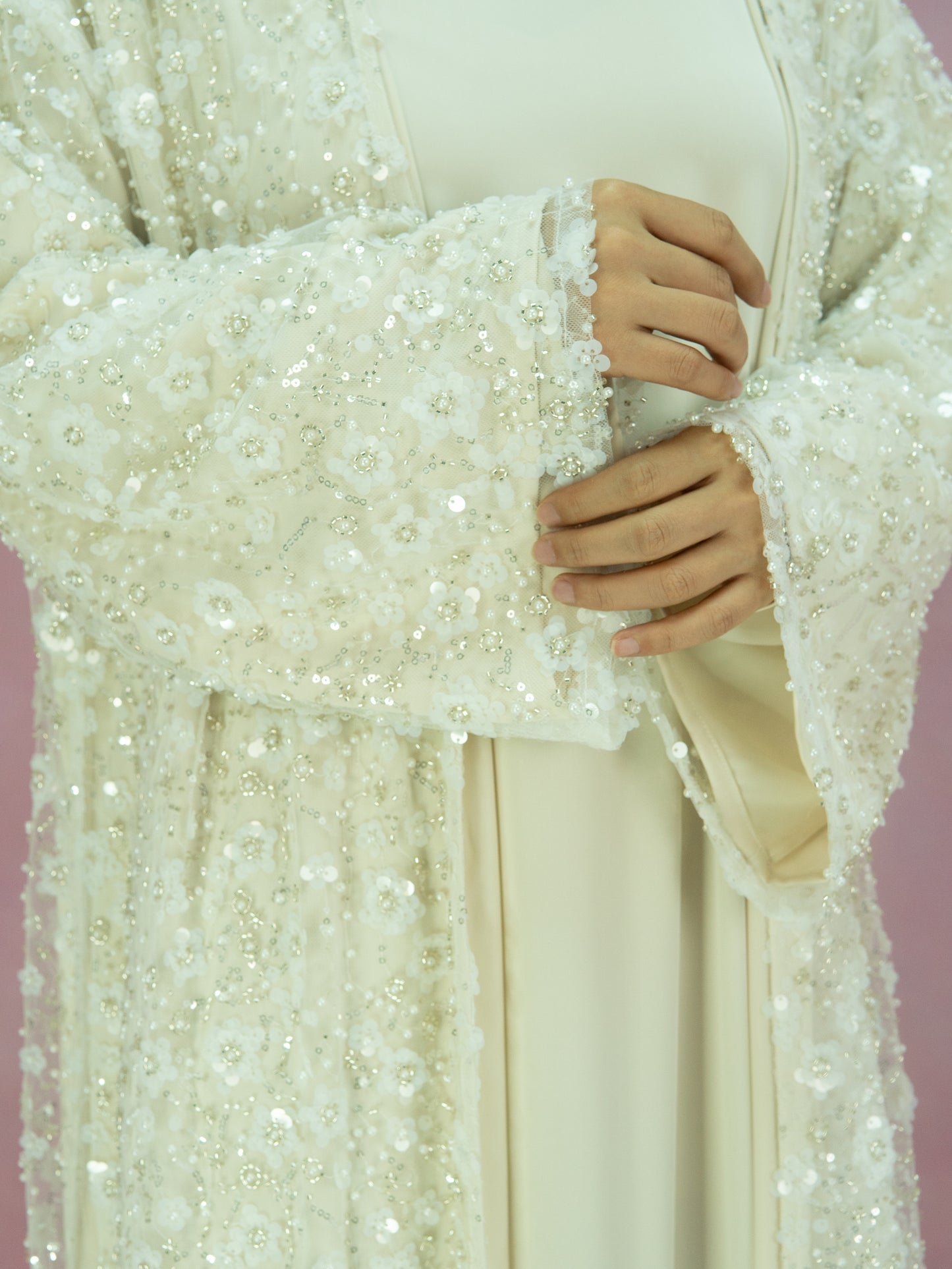MK2666 Womens Double-layered Elegant Style Luxurious Beaded Sequined Flower Open Abaya