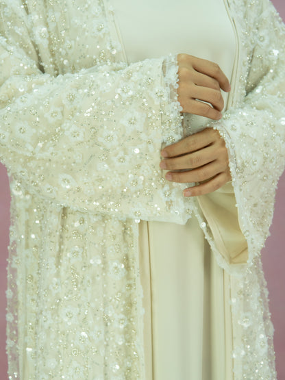 MK2666 Womens Double-layered Elegant Style Luxurious Beaded Sequined Flower Open Abaya
