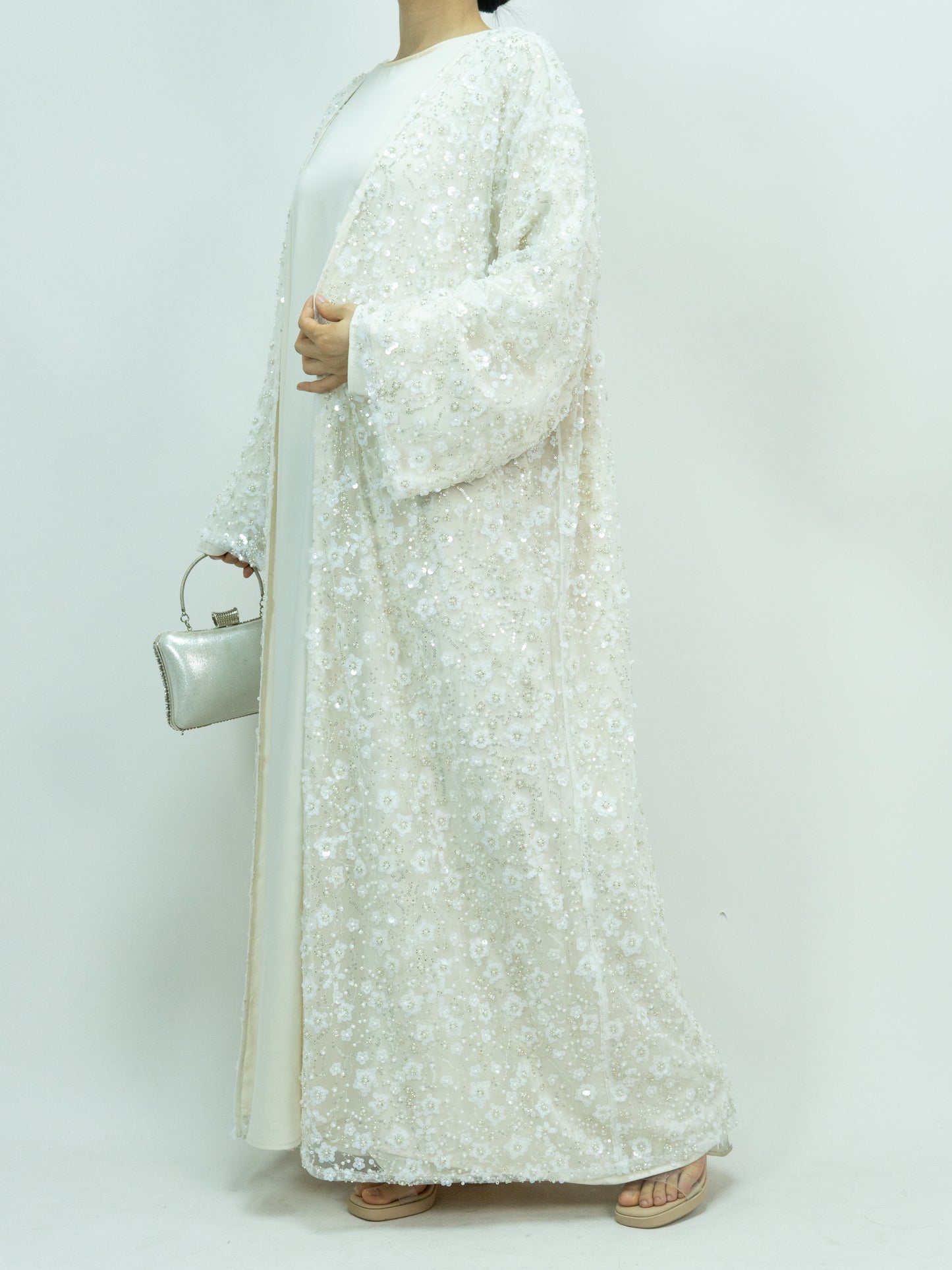 MK2666 Womens Double-layered Elegant Style Luxurious Beaded Sequined Flower Open Abaya
