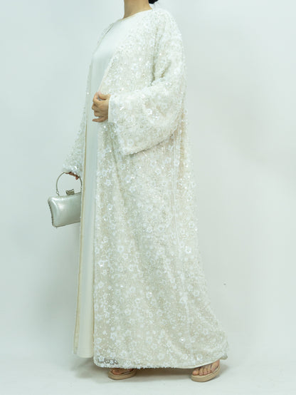 MK2666 Womens Double-layered Elegant Style Luxurious Beaded Sequined Flower Open Abaya