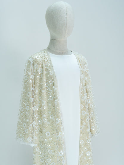 MK3001 Muslim Girl Outerwear, Double-Layer Floral Open Abaya, Wedding Birthday Party Eid Open Abaya (Only Open Abaya)
