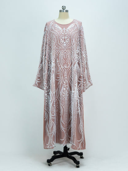 MK3002 Luxurious Women’s Long Robe Dress with Beads, Floral Embellishments, and Sequins