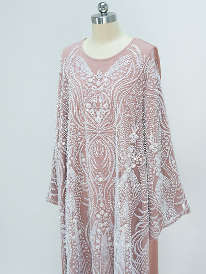 MK3002 Luxurious Women’s Long Robe Dress with Beads, Floral Embellishments, and Sequins