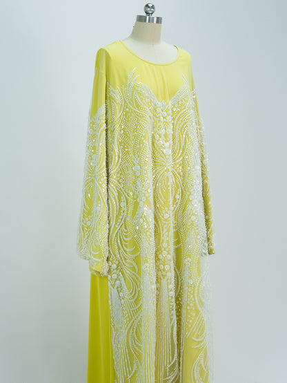 MK3002 Luxurious Women’s Long Robe Dress with Beads, Floral Embellishments, and Sequins
