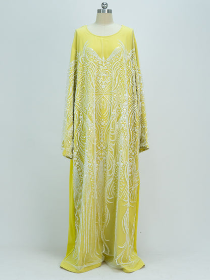 MK3002 Luxurious Women’s Long Robe Dress with Beads, Floral Embellishments, and Sequins