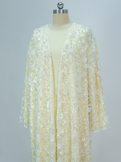 MK2666 Womens Double-layered Elegant Style Luxurious Beaded Sequined Flower Open Abaya