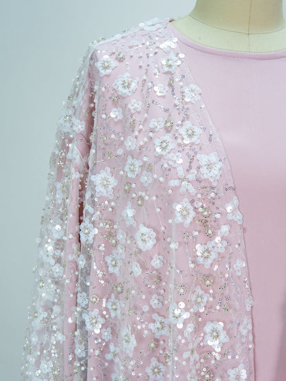 MK2666 Womens Double-layered Elegant Style Luxurious Beaded Sequined Flower Open Abaya