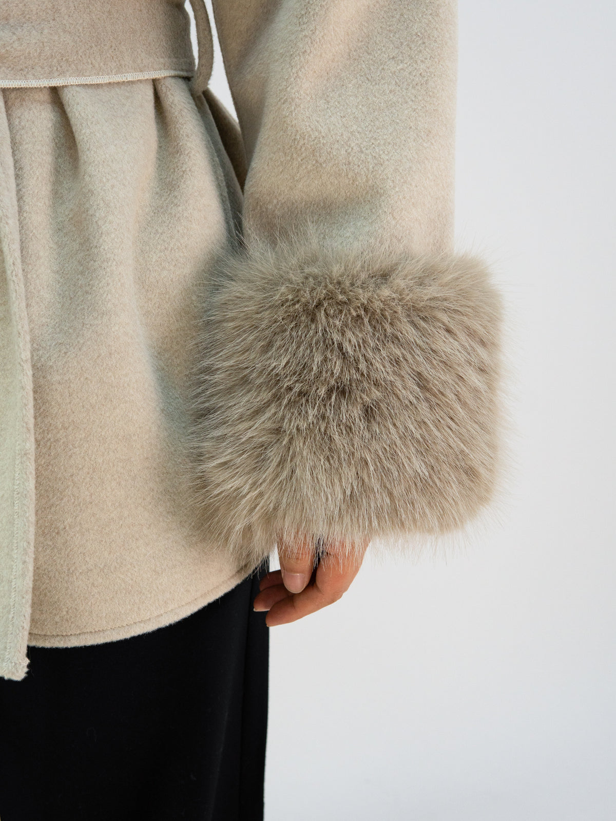 MN020 Coat - Fur Trim, Belted, Lapel Collar, Short Length | Hojumbo