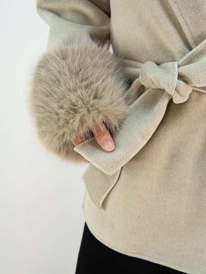 MN020 Coat - Fur Trim, Belted, Lapel Collar, Short Length | Hojumbo