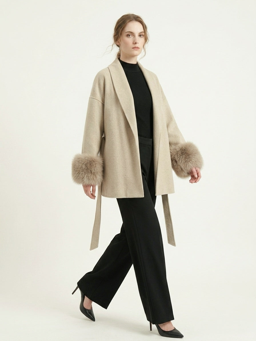 MN020 Coat - Fur Trim, Belted, Lapel Collar, Short Length | Hojumbo