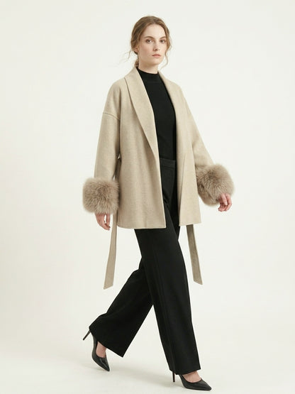 MN020 Coat - Fur Trim, Belted, Lapel Collar, Short Length | Hojumbo