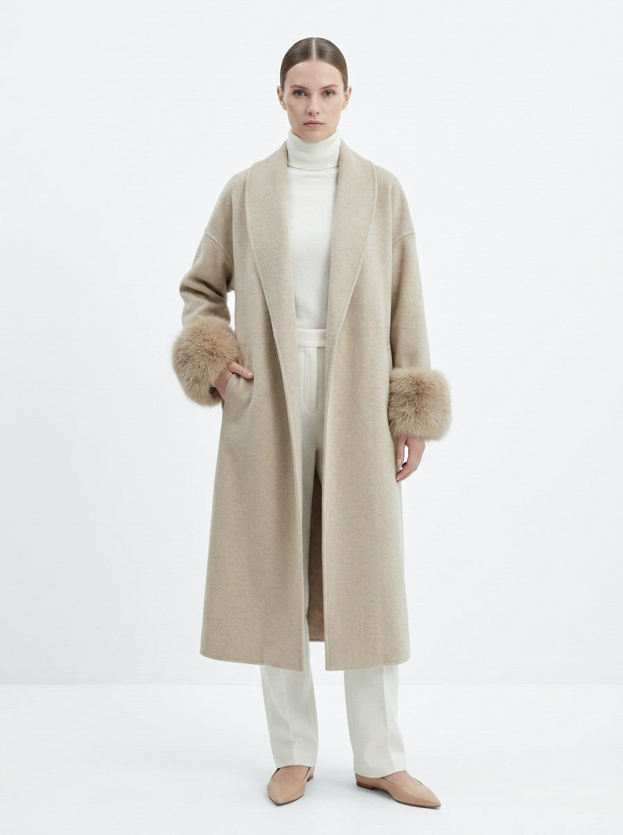 GBR390 Coat - Fur Trim, Belted, Lapel Collar, Long Length | Hojumbo