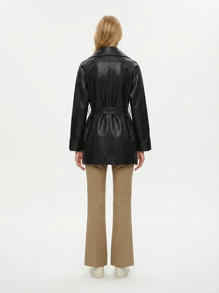 8178 PU Leather Blend Mid-Length Coat | Lapel Collar Design | Women's Elegant Trench Coat, Vintage Style Outerwear