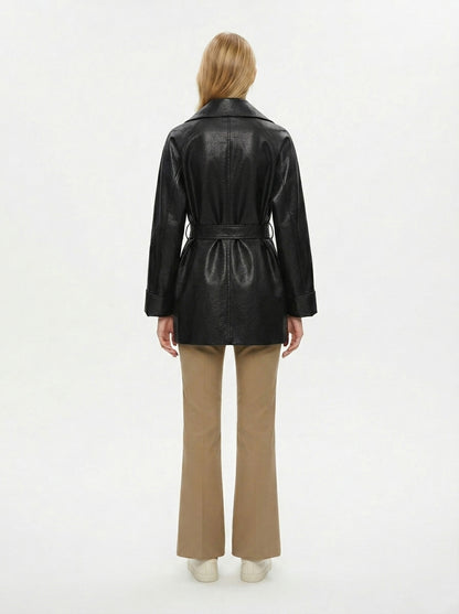 8178 PU Leather Blend Mid-Length Coat | Lapel Collar Design | Women's Elegant Trench Coat, Vintage Style Outerwear