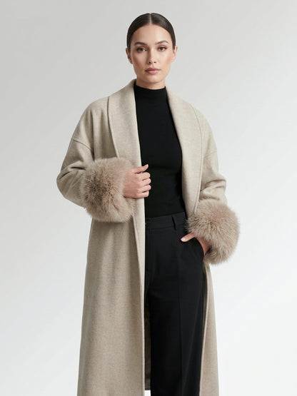 GBR390 Coat - Fur Trim, Belted, Lapel Collar, Long Length | Hojumbo