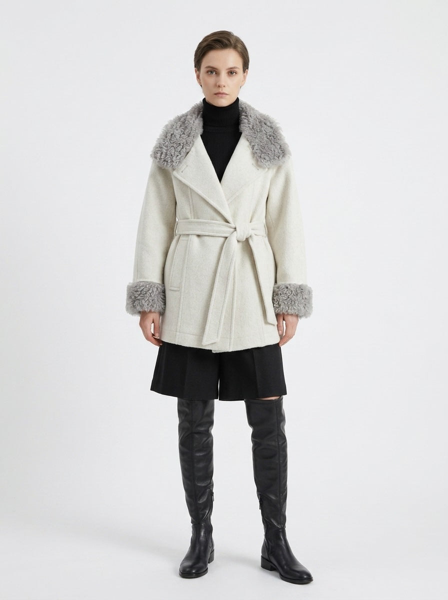 YS1 Wool Coat - 70% Wool, Furry Collar, Belted, Single-Breasted, Pocketed | Hojumbo