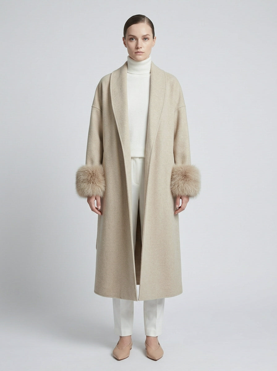 GBR390 Coat - Fur Trim, Belted, Lapel Collar, Long Length | Hojumbo