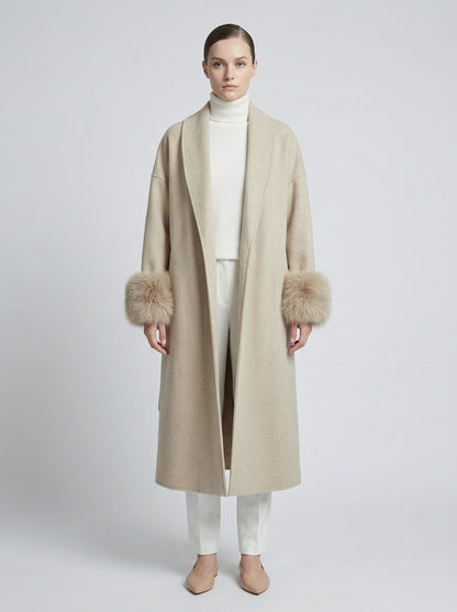 GBR390 Coat - Fur Trim, Belted, Lapel Collar, Long Length | Hojumbo