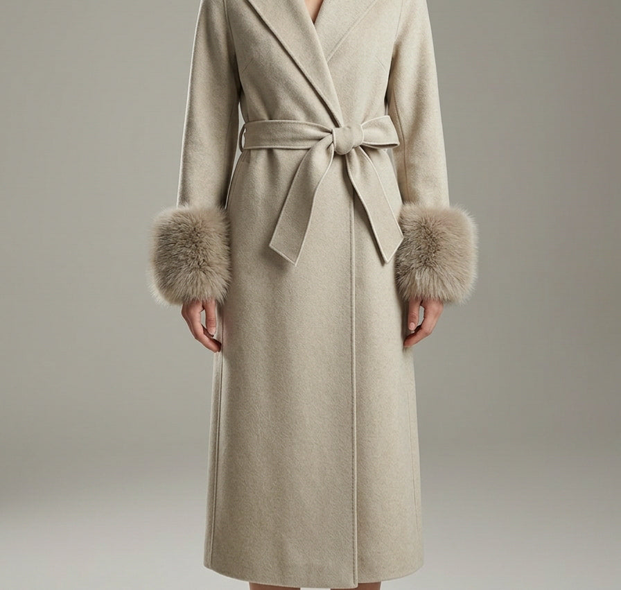 GBR390 Coat - Fur Trim, Belted, Lapel Collar, Long Length | Hojumbo