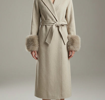 GBR390 Coat - Fur Trim, Belted, Lapel Collar, Long Length | Hojumbo