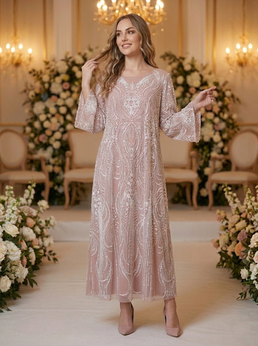MK3002 Luxurious Women’s Long Robe Dress with Beads, Floral Embellishments, and Sequins