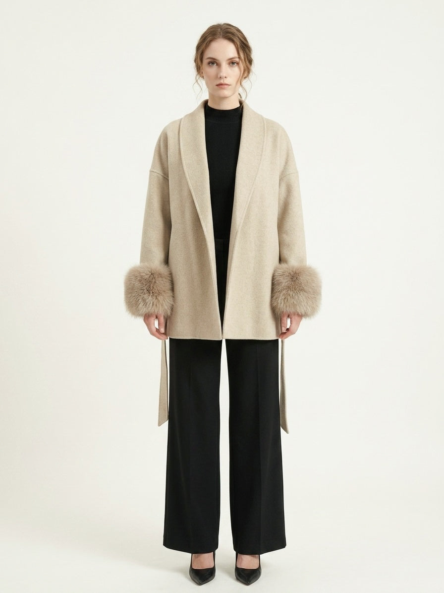 MN020 Coat - Fur Trim, Belted, Lapel Collar, Short Length | Hojumbo