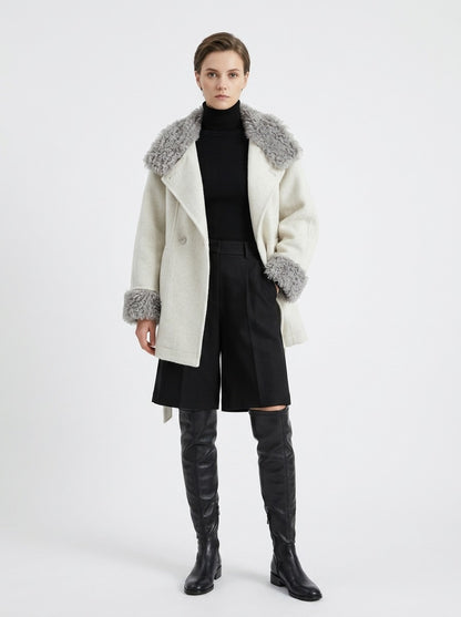 YS1 Wool Coat - 70% Wool, Furry Collar, Belted, Single-Breasted, Pocketed | Hojumbo