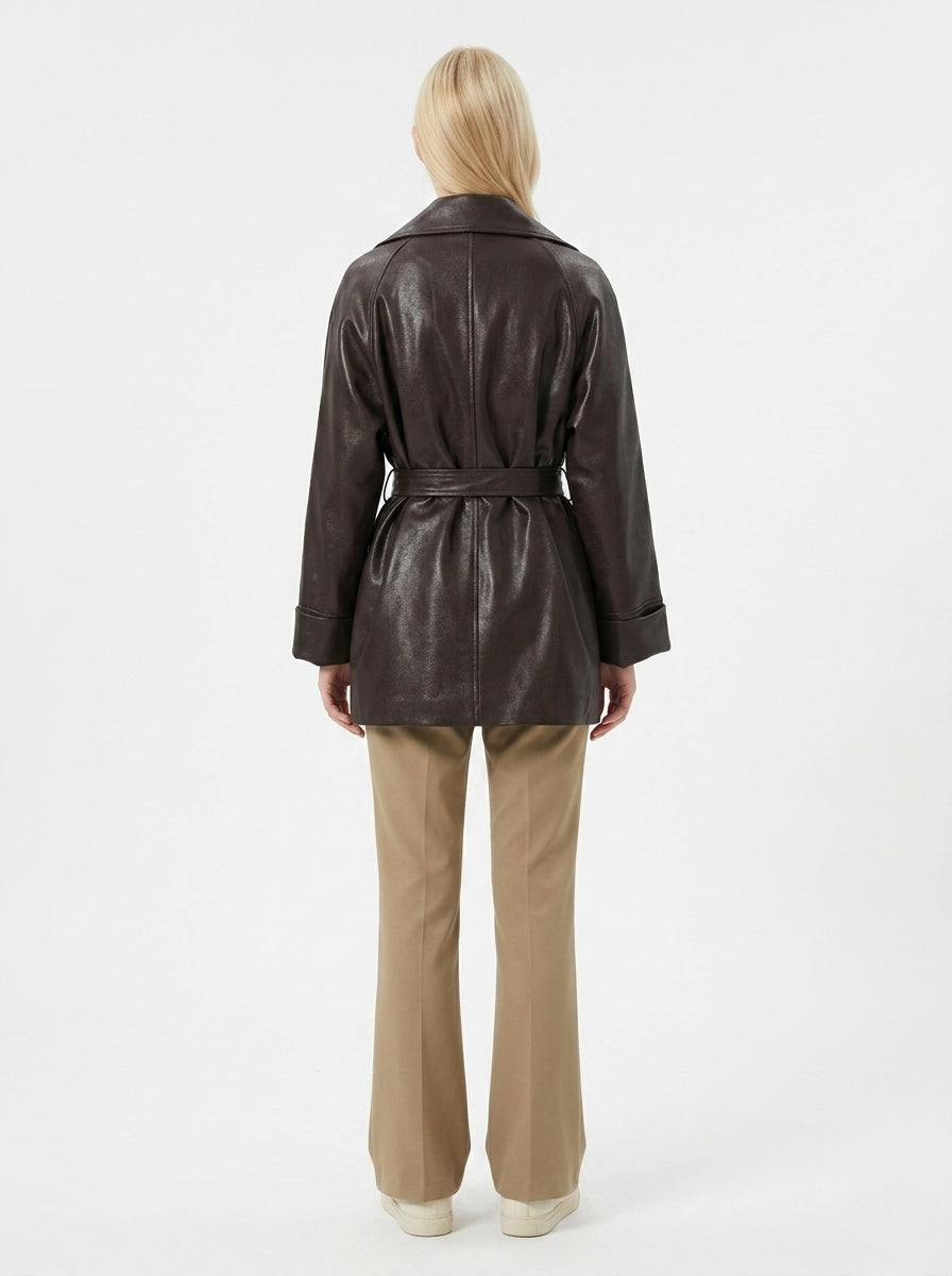 8178 PU Leather Blend Mid-Length Coat | Lapel Collar Design | Women's Elegant Trench Coat, Vintage Style Outerwear