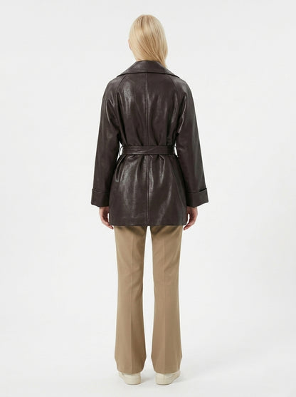 8178 PU Leather Blend Mid-Length Coat | Lapel Collar Design | Women's Elegant Trench Coat, Vintage Style Outerwear