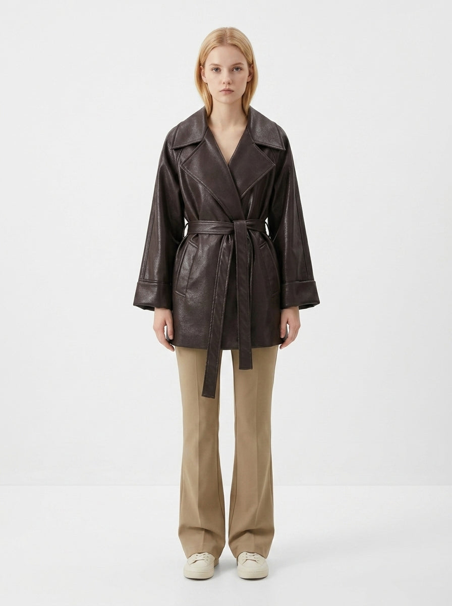 8178 PU Leather Blend Mid-Length Coat | Lapel Collar Design | Women's Elegant Trench Coat, Vintage Style Outerwear