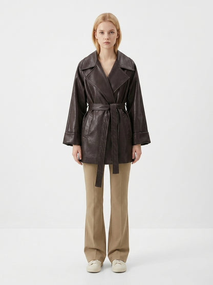 8178 PU Leather Blend Mid-Length Coat | Lapel Collar Design | Women's Elegant Trench Coat, Vintage Style Outerwear