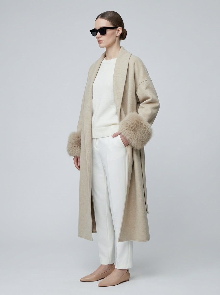 GBR390 Coat - Fur Trim, Belted, Lapel Collar, Long Length | Hojumbo