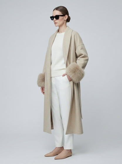 GBR390 Coat - Fur Trim, Belted, Lapel Collar, Long Length | Hojumbo
