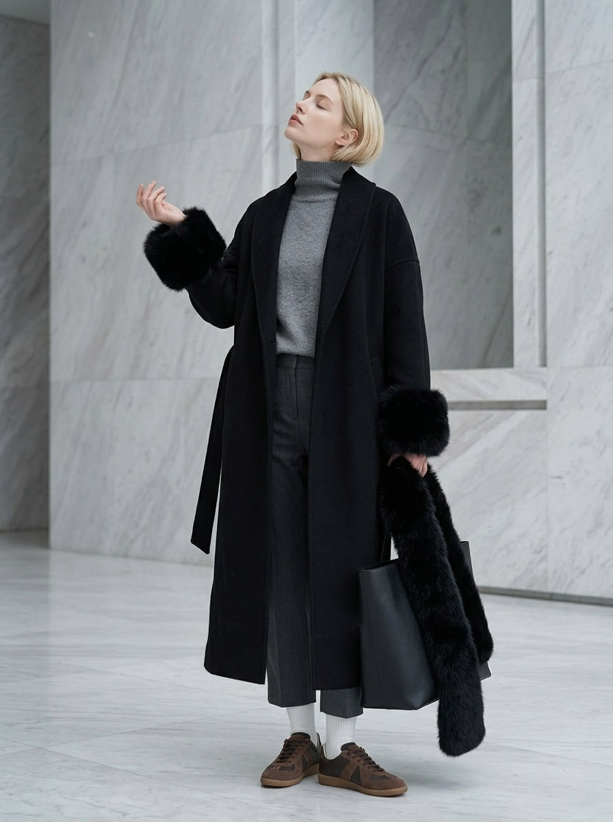 GBR390 Coat - Fur Trim, Belted, Lapel Collar, Long Length | Hojumbo