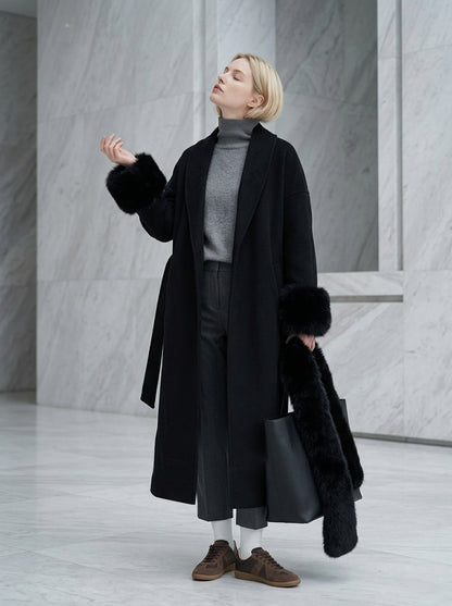 GBR390 Coat - Fur Trim, Belted, Lapel Collar, Long Length | Hojumbo