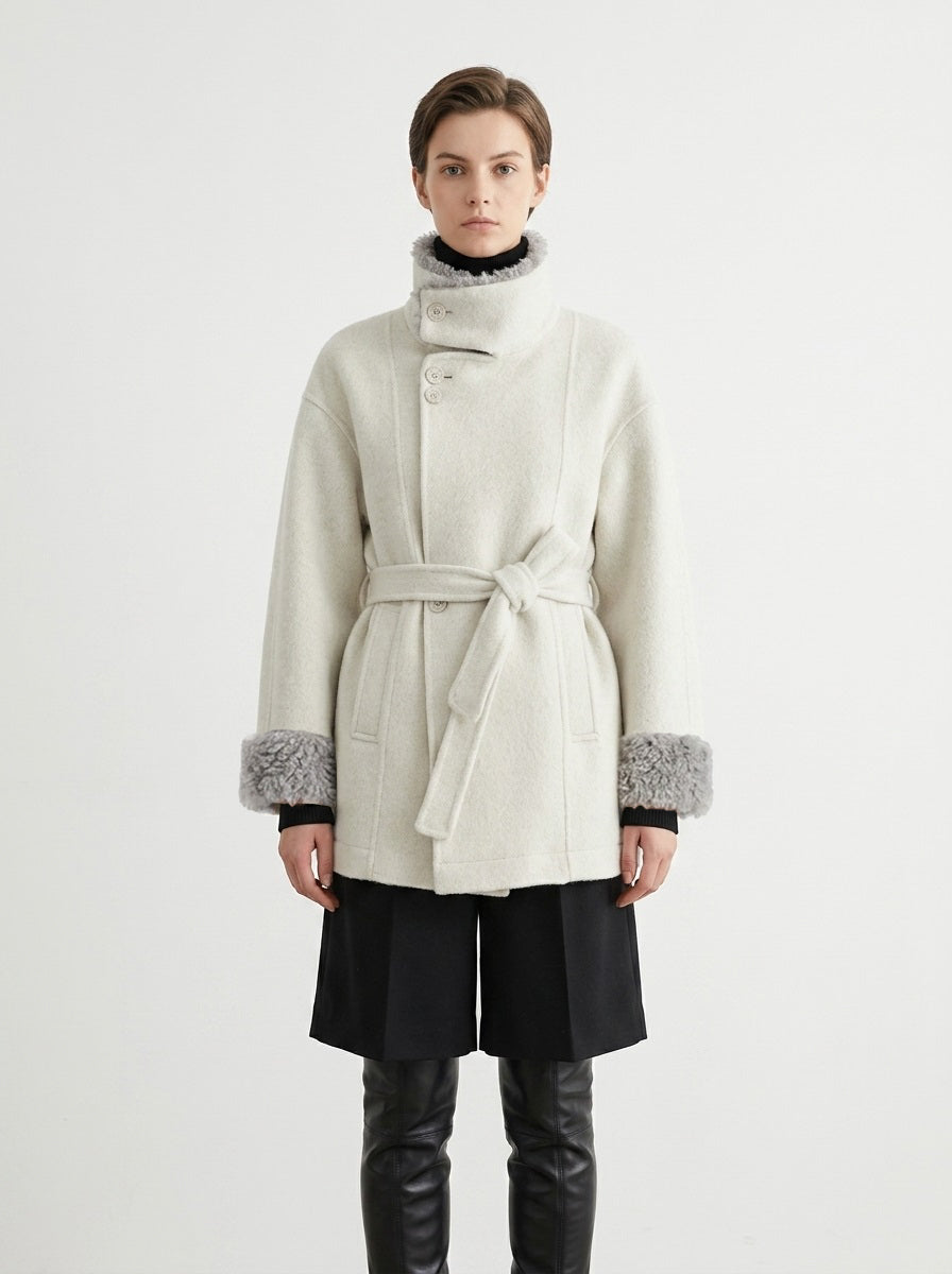 YS1 Wool Coat - 70% Wool, Furry Collar, Belted, Single-Breasted, Pocketed | Hojumbo