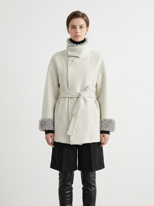 YS1 Wool Coat - 70% Wool, Furry Collar, Belted, Single-Breasted, Pocketed | Hojumbo