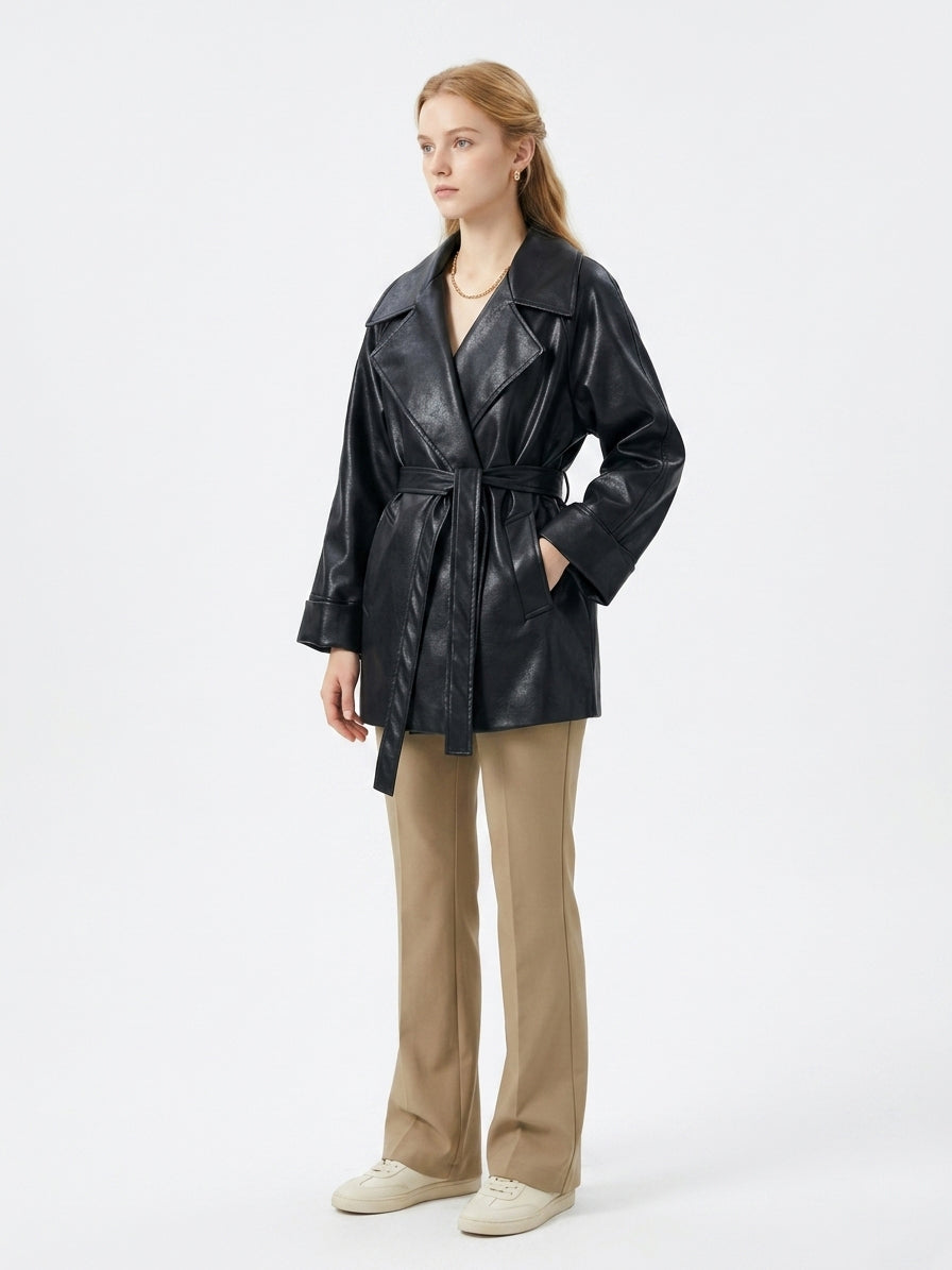 8178 PU Leather Blend Mid-Length Coat | Lapel Collar Design | Women's Elegant Trench Coat, Vintage Style Outerwear