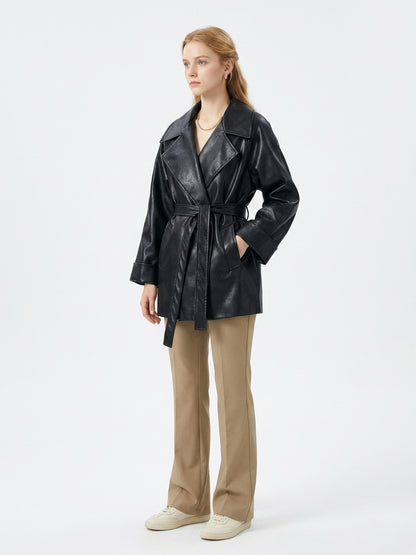 8178 PU Leather Blend Mid-Length Coat | Lapel Collar Design | Women's Elegant Trench Coat, Vintage Style Outerwear